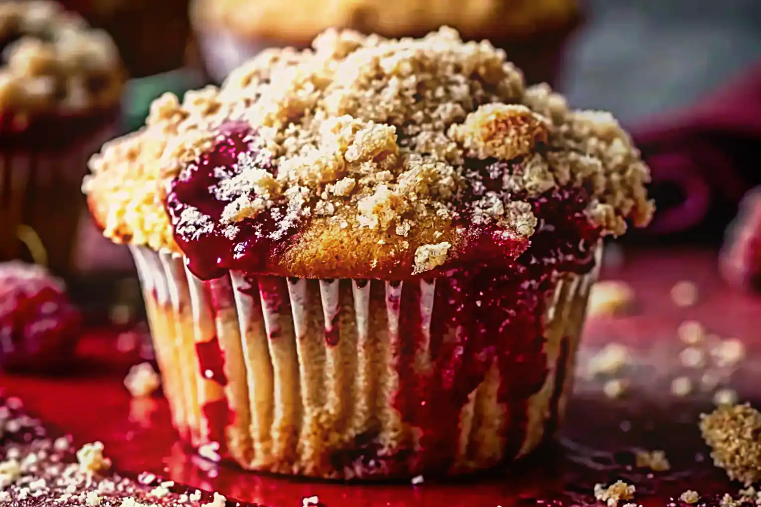Freshly baked leftover cranberry sauce muffins with visible cranberry swirls and golden tops, perfect for using Thanksgiving leftovers.