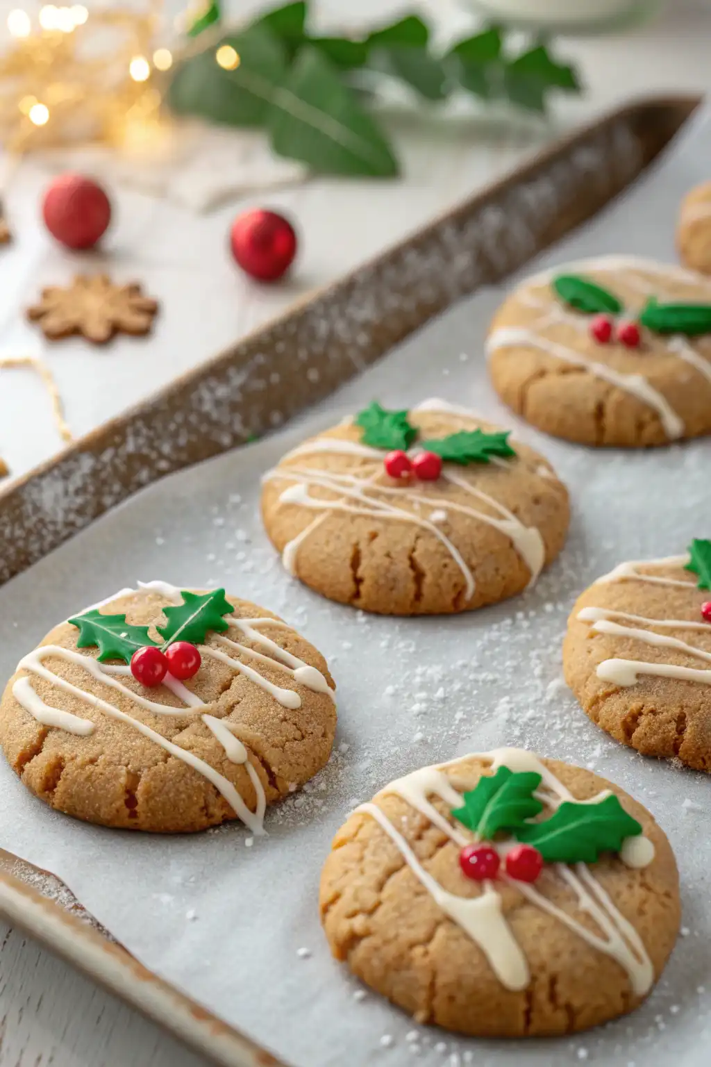 Maple cinnamon cookies with white chocolate drizzle and holly decoration dusted with powdered sugar.