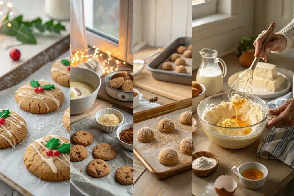 Step-by-step collage showing how to make maple cinnamon cookies with white chocolate, from mixing dough to the white chocolate dip.