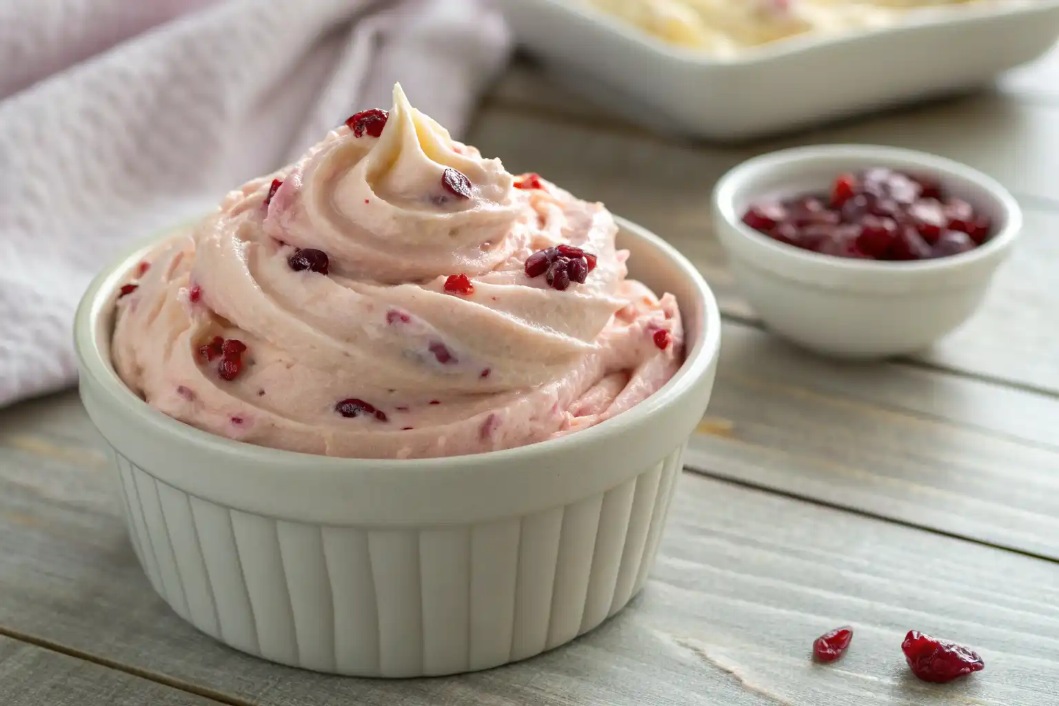 Mixing softened butter, honey, and chopped cranberries in a bowl to make whipped honey butter.