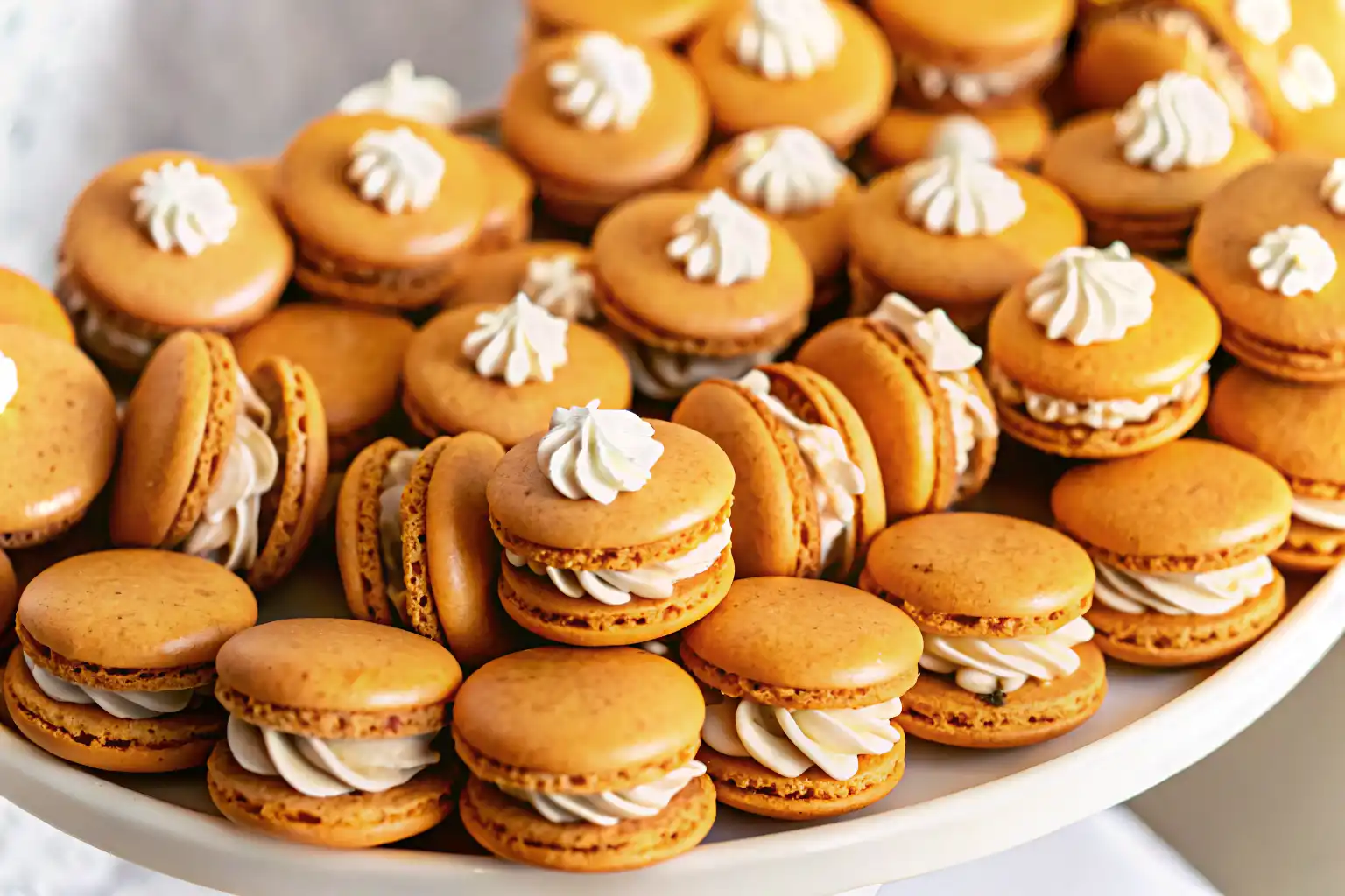 Fresh Pumpkin Pie Macarons filled with white chocolate ganache and pumpkin spice.
