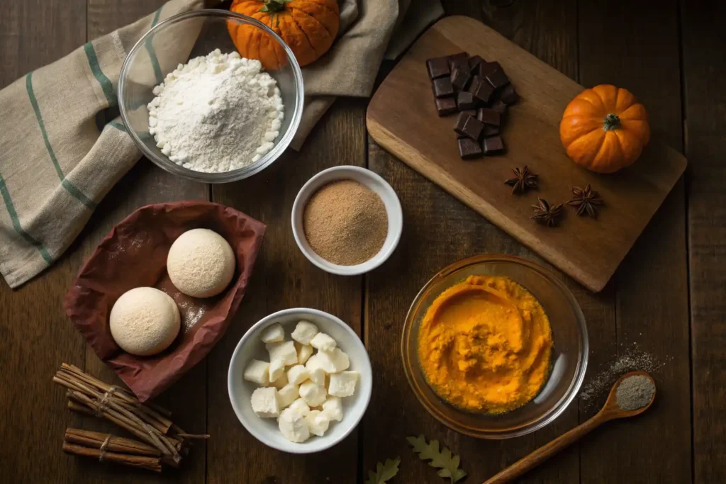 Ingredients for Pumpkin Pie Macarons including pumpkin puree, almond flour, and white chocolate.