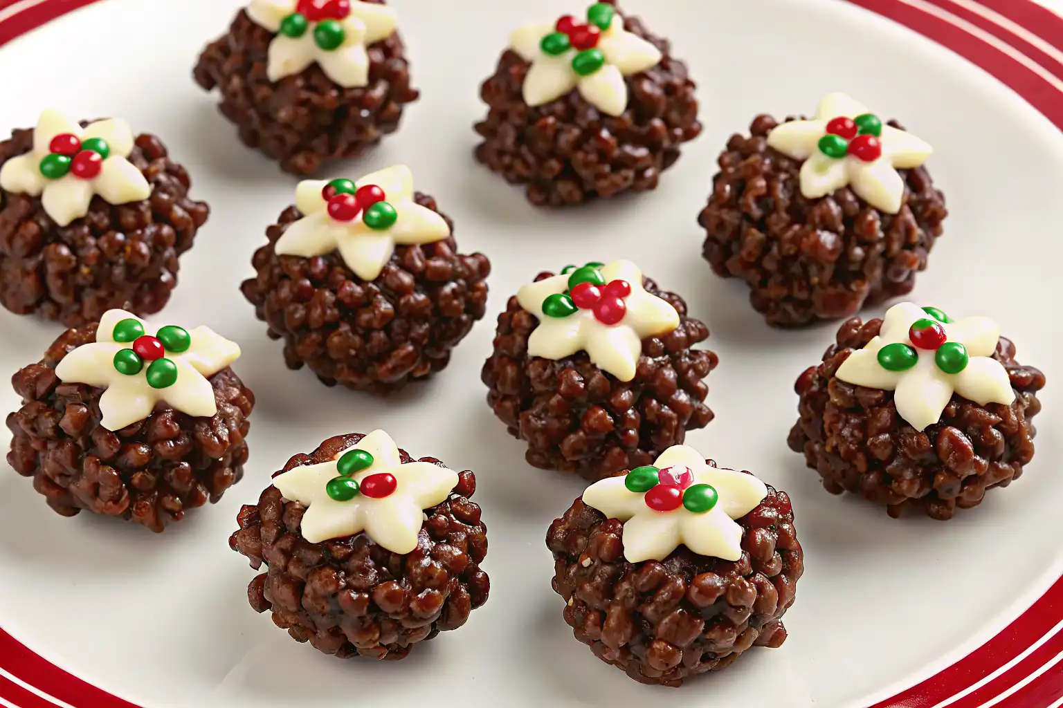 Rice Krispie Christmas Puddings topped with white chocolate and holly decorations.