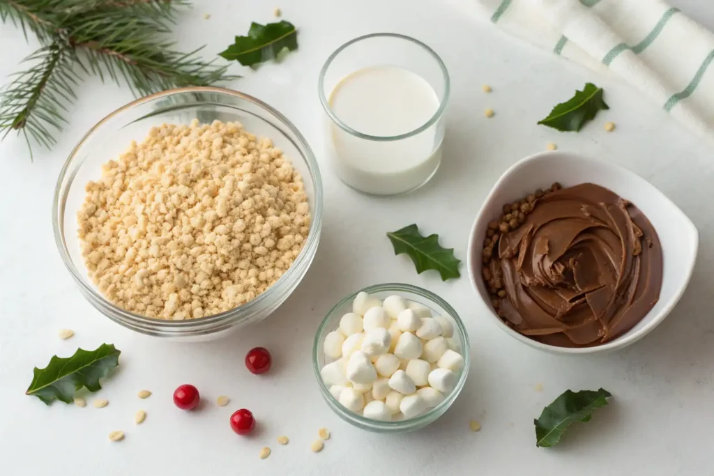 Ingredients for Rice Krispie Christmas Puddings arranged on a white surface.
