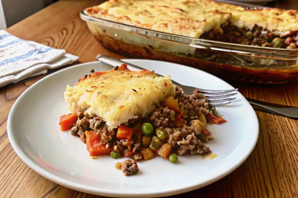 Slice of shepherds pie with instant potatoes served on a white plate.