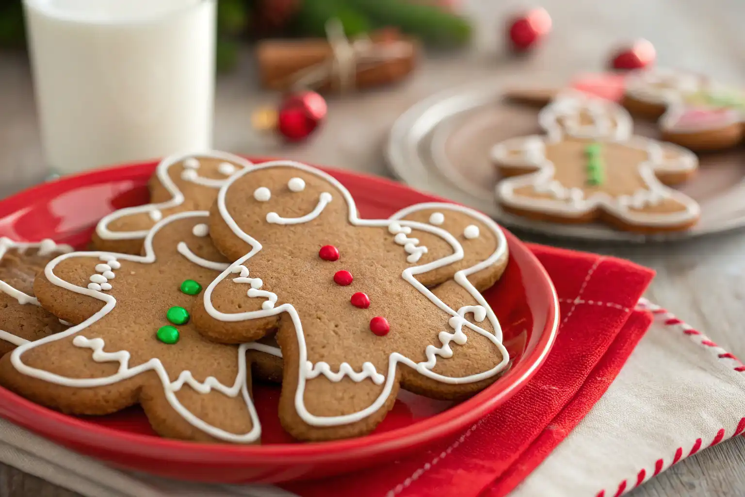 Close-up of soft and chewy gingerbread men cookies decorated with icing and colorful buttons.