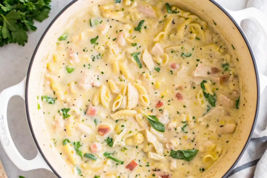 White lasagna soup with sausage in a bowl on a kitchen table